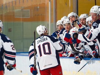 Slovenský hokejista Adam Sýkora sa teší z gólu. 