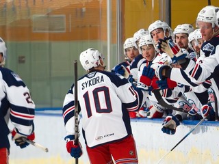 Slovenský hokejista Adam Sýkora sa teší z gólu. 