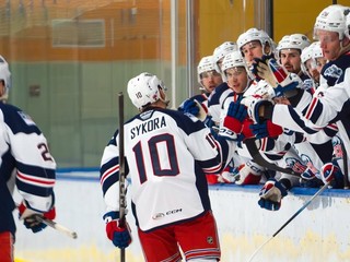 Slovenský hokejista Adam Sýkora sa teší z gólu. 