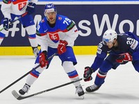 Libor Hudáček a Louis Boudon v zápase Slovensko - Francúzsko v skupine B na MS v hokeji 2024.