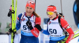 Slovenské biatlonistky Anastasia Kuzminová a Mária Remeňová počas ME v biatlone v Osrblí. 