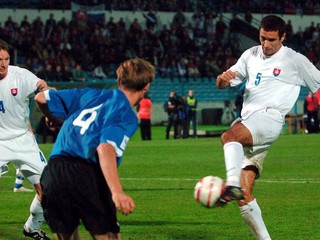 Peter Hlinka (vpravo) v gólovej situácii zo zápasu Slovensko - Estónsko v kvalifikácii MS 2006.