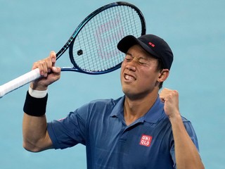 Kei Nišikori oslavuje postup na Australian Open 2025.