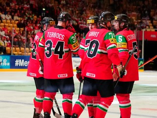 Maďarskí hokejisti po strelenom góle v zápase Maďarsko - Dánsko v skupine B na MS v hokeji 2025.