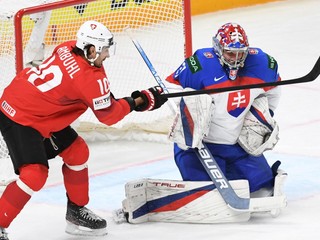 Brankár Samuel Hlavaj a Andres Ambühl v zápase Slovensko - Švajčiarsko na MS v hokeji 2023.