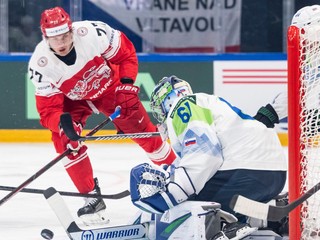 Dánsky hráč Mathias From (vľavo) bojuje o puk so slovinským brankárom Lukášom Horákom