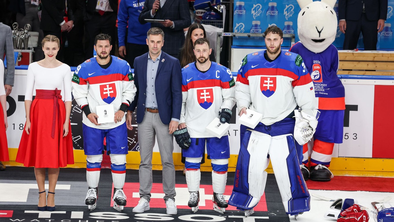 Libor Hudáček, Tomáš Tatar a Samuel Hlavaj ako najlepší hráči Slovenska na MS v hokeji 2024.