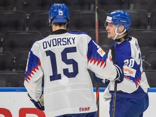 Slovenskí hokejisti Dalibor Dvorský a Libor Nemec počas MS hráčov do 20 rokov. 