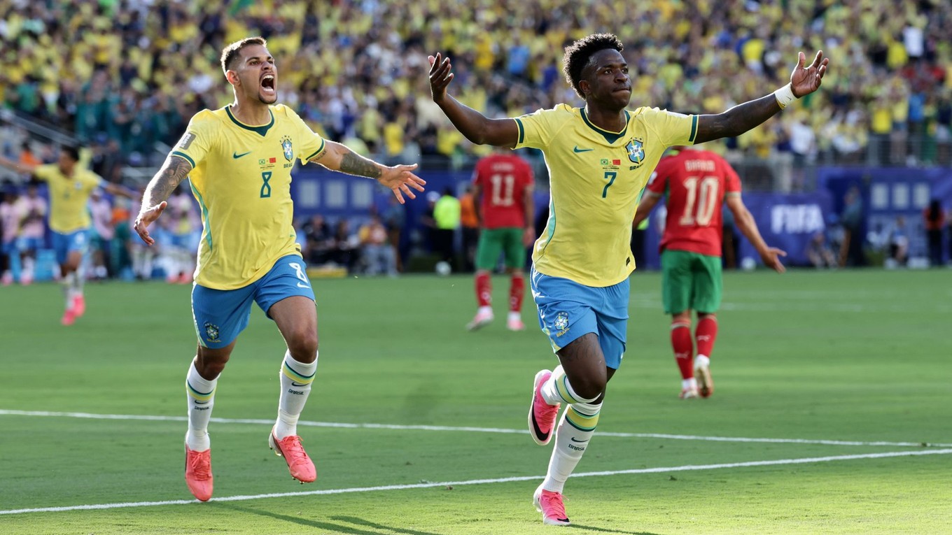 Brazílčan Vinícius Júnior sa teší z gólu v zápase proti Maroku na MS vo futbale 2026.