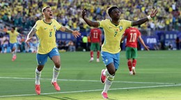 Brazílčan Vinícius Júnior sa teší z gólu v zápase proti Maroku na MS vo futbale 2026.