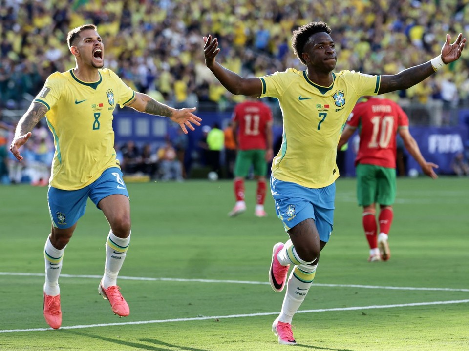Brazílčan Vinícius Júnior sa teší z gólu v zápase proti Maroku na MS vo futbale 2026.