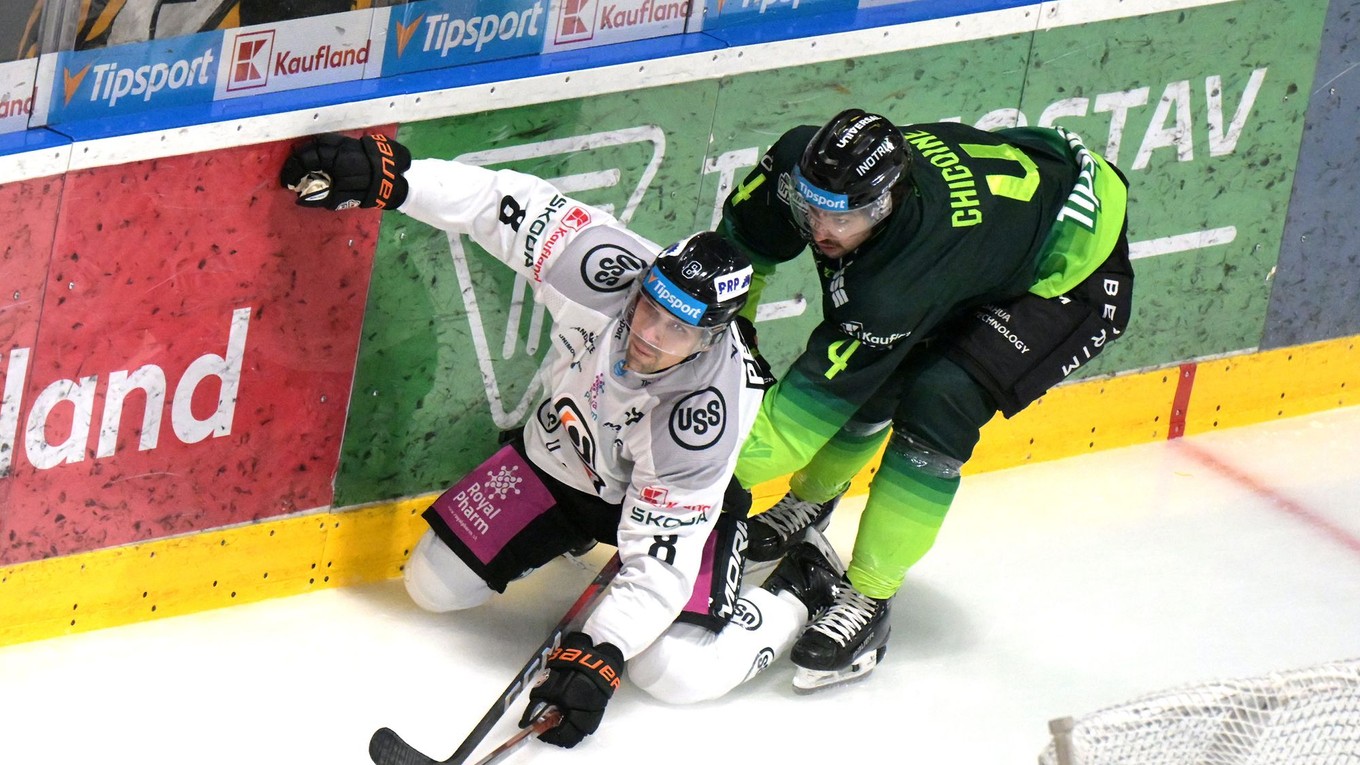 Šimon Petráš (Košice) a Gabriel Chicoine (Žilina) počas zápasu 21. kola hokejovej Tipsport ligy.