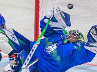 Lukáš Horák (Slovinsko) a kapitán Marek Hrivík (Slovensko) počas zápasu základnej B-skupiny Slovinsko - Slovensko.