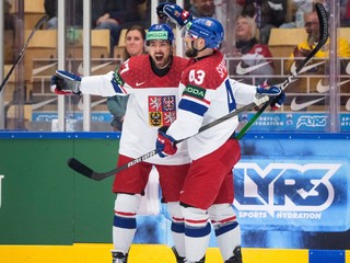 Filip Pyrochta oslavuje gól na MS v hokeji 2025.