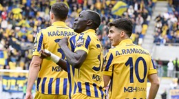 Alioune Sylla (Dunajská Streda) sa raduje po strelení gólu počas finále play off v Niké lige o Konferenčnú ligu. 