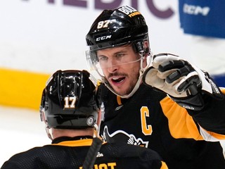 Kapitán Pittsburghu Sidney Crosby sa raduje s Bryanom Rustom. 