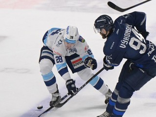 Adam Kalman (Nitra) a Alex Výhonský (Poprad) bojujú o puk v zápase 19. kola hokejovej Tipsport ligy HK Nitra - HK Poprad.