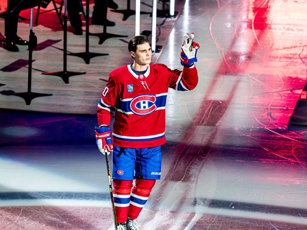 Juraj Slafkovský v zápase Montreal Canadiens - Toronto Maple Leafs.