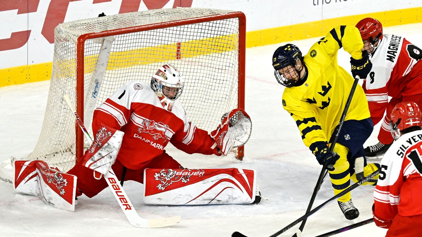 Brankár Anton Wilde (Dánsko) a Elton Hermansson (Švédsko) počas MS U18 2026.