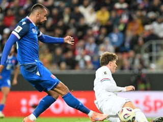 Na snímke hráč Slovenska Ivan Schranz strieľa gól na 2:0 .