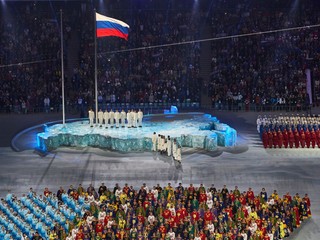 Ruská vlajka počas otváracieho ceremoniálu paralympijských hier 2014.