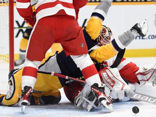 Viktor Arvidsson z Nashville (v žltom) v bránkovisku Detroitu.