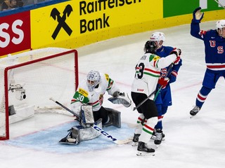Americký hokejista Ryan Leonard (vpravo) sa raduje z gólu v zápase USA - Maďarsko.