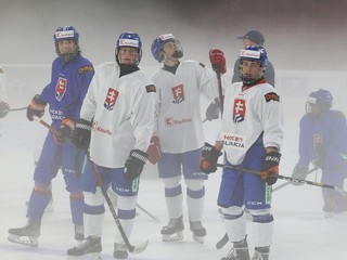 Slovenskí hokejisti do 18 rokov počas tréningu pred turnajom Hlinka Gretzky Cup 2023.