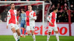 Slavia Praha sa raduje z gólu.