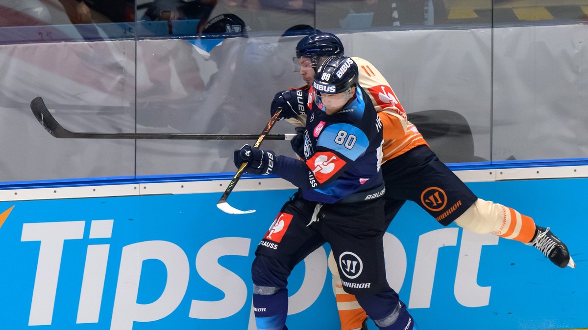 Na snímke zľava Tomáš Hrnka (Nitra) a Brogan Rafferty (Växjö) v druhom kole základnej časti Ligy majstrov medzi HK Nitra a Växjö Lakers.
