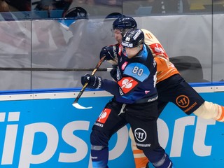 Na snímke zľava Tomáš Hrnka (Nitra) a Brogan Rafferty (Växjö) v druhom kole základnej časti Ligy majstrov medzi HK Nitra a Växjö Lakers.