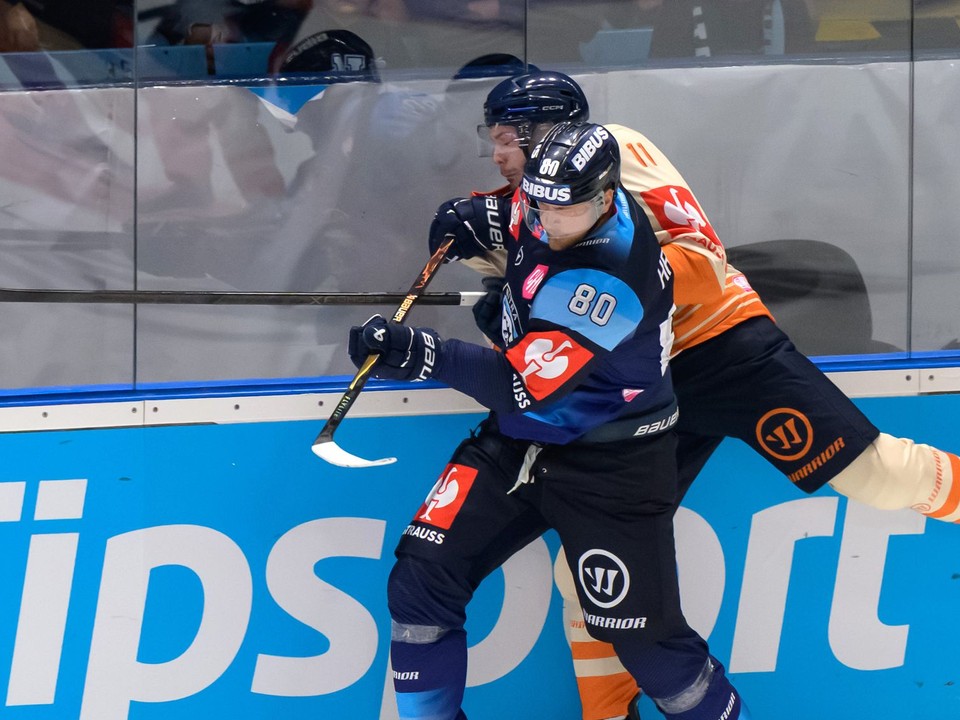 Na snímke zľava Tomáš Hrnka (Nitra) a Brogan Rafferty (Växjö) v druhom kole základnej časti Ligy majstrov medzi HK Nitra a Växjö Lakers.