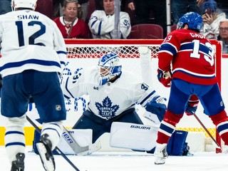 Brankár Samuel Hlavaj (uprostred) počas prípravy na novú sezónu NHL v bránke Toronta.