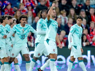 Hráč Portugalska Goncalo Ramos sa teší z gólu počas zápasu A-divízie Ligy národov Nórsko - Portugalsko.