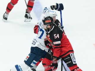 Zľava Róbert Bačo (Nitra) a Boris Česánek (Banská Bystrica) v zápase 11. kola Tipos extraligy HK Nitra - HC Banská Bystrica.