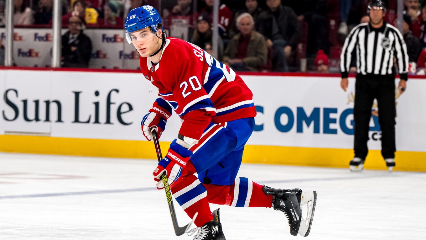 Juraj Slafkovský počas zápasu Montreal Canadiens - New Jersey Devils.