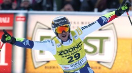 Český lyžiar Jan Zabystřan po víťazstve v super-G vo Val Gardene.