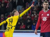 Dortmund's Maximilian Beier celebrates after scoring during the Champions League round of 16 second leg soccer match between Lille and Borussia Dortmund in Villeneuve-d'Ascq , Wednesday, March 12, 2025. (AP Photo/Michel Euler)