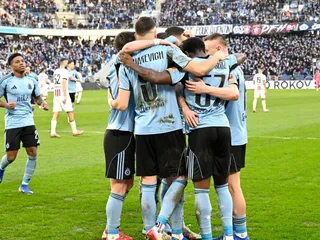 Na snímke radosť hráčov Slovana po strelení druhého gólu v záverečnom 22. kole základnej časti Niké ligy ŠK Slovan Bratislava - FC Spartak Trnava.