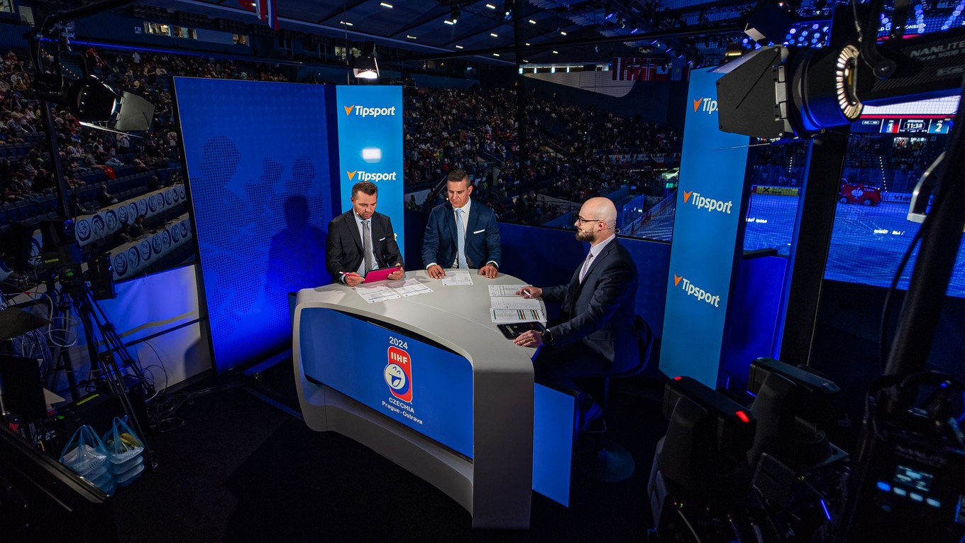 Štúdio JOJ Šport počas MS v hokeji 2024 v Ostrave. 