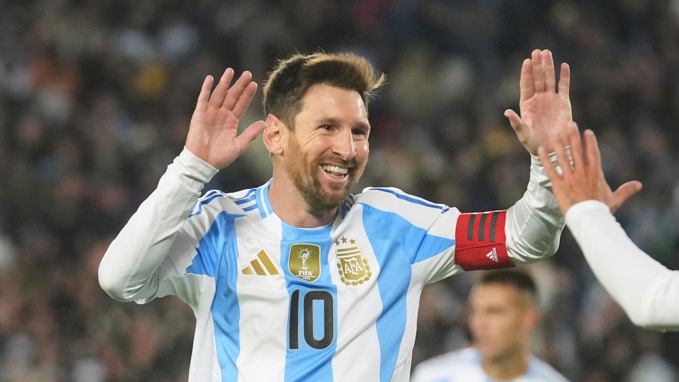 Lionel Messi sa raduje po strelení gólu v zápase juhoamerickej kvalifikácie na MS 2026  Argentína - Venezuela.