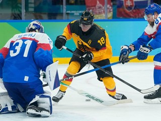 Erik Černák bráni nemeckého útočníka Tima Stützleho v zápase Slovensko - Nemecko na ZOH 2026.