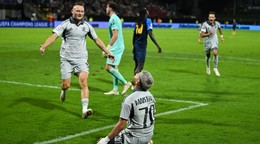 Momentka zo zápasu v Celje. Cristian Martínez rozhodol v predĺžení o postupe Slovana Bratislava do hlavnej časti Ligy majstrov. 