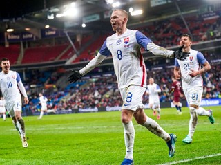 Ondrej Duda oslavuje gól v prípravnom zápase Nórsko - Slovensko