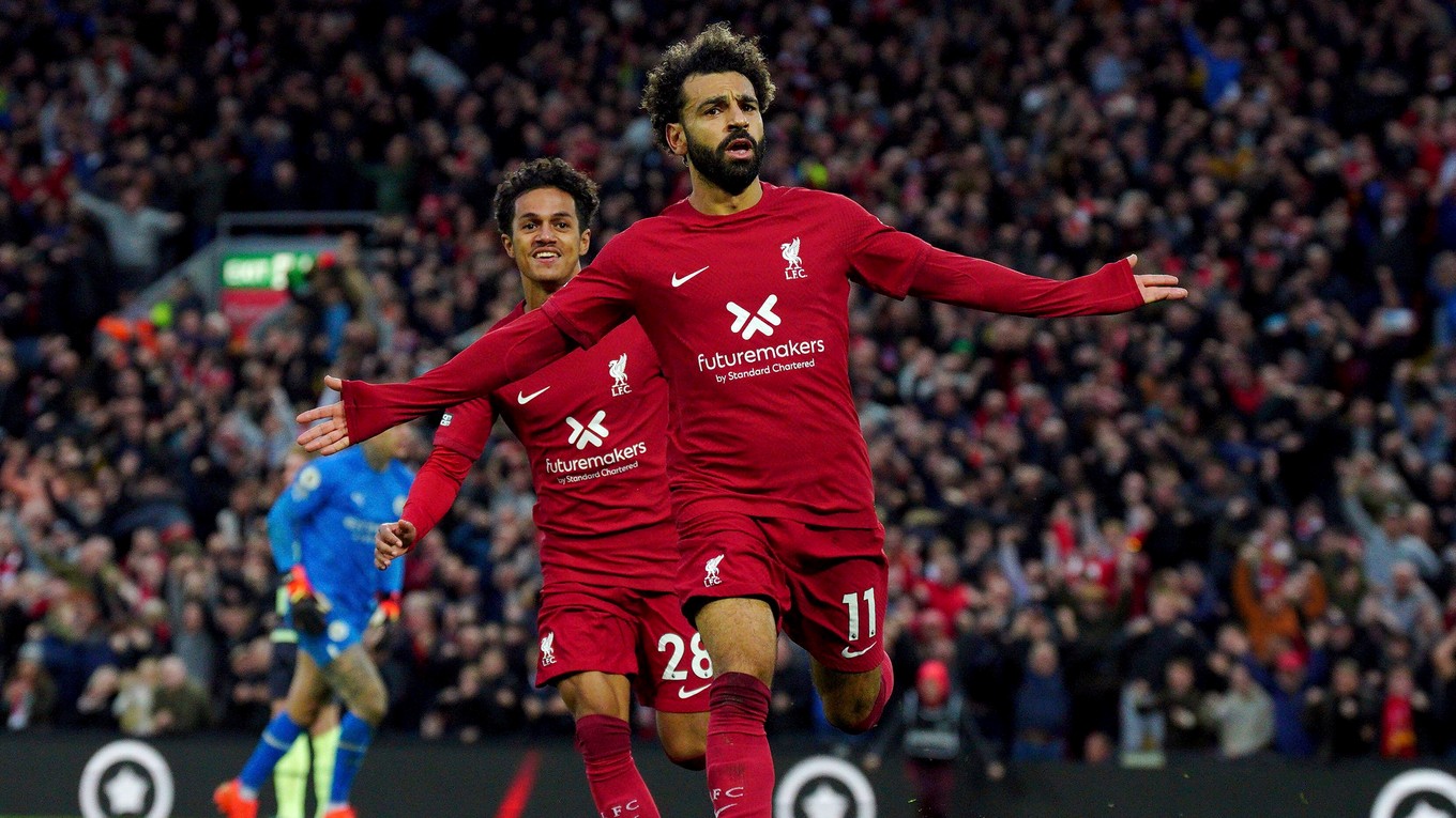 Mohamed Salah sa teší po strelenom góle v zápase Premier League Liverpool FC - Manchester City.