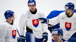 Na snímke slovenskí hokejoví reprezentanti zľava Matúš Sukeľ, Pavol Regenda, Róbert Lantoši a dolu Patrik Koch.