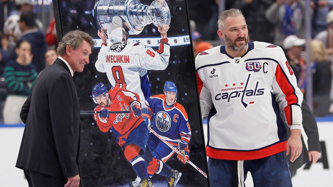 Alex Ovečkin prijíma gratuláciu od Waynea Gretzkého po prekonaní rekordu.