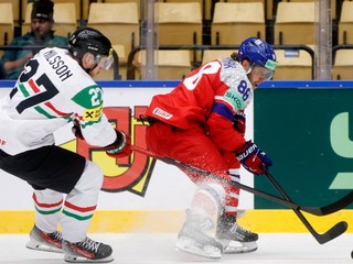 Maďarský reprezentant Henrik Nilsson a Čech David Pastrňák v zápase Česko - Maďarsko na MS v hokeji 2025.