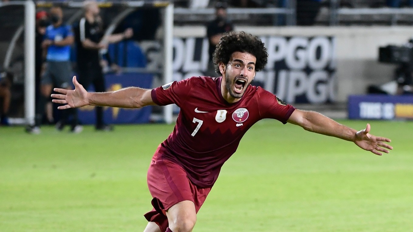Ahmed Alaa sa teší po strelenom góle v zápase Honduras - Katar na turnaji Gold Cup 2021.