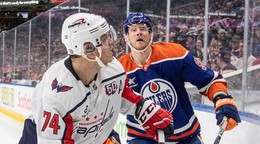 John Carlson (Washington) a Corey Perry (Edmonton) vo vzájomnom zápase. 